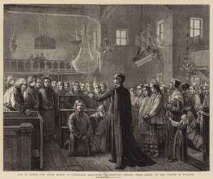 La vie en Russie, le banc noir, un clergyman prêchant aux criminels avant l